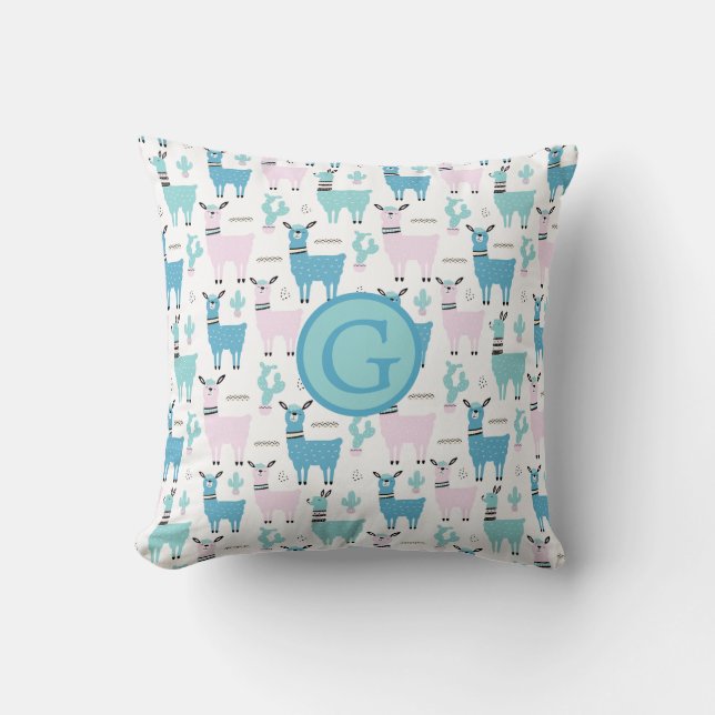 Llama Alapaca Animal Monogram Blue Pink Animals Throw Pillow (Front)