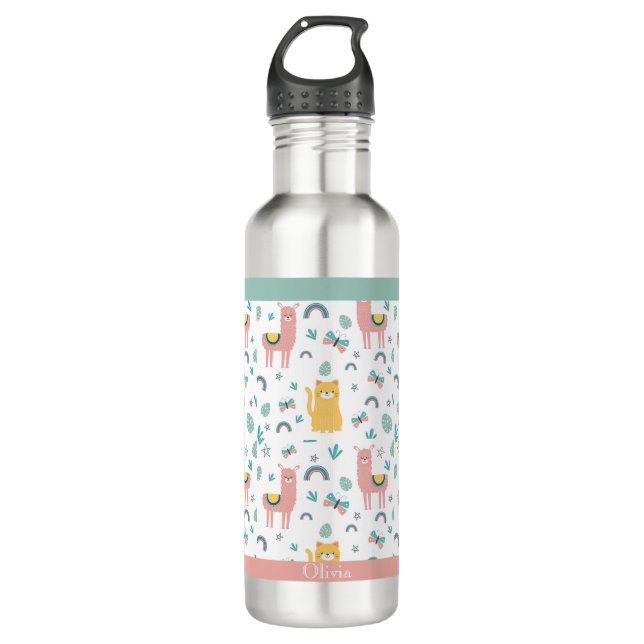 Llama Alapaca Animals Boho Name Stainless Steel Water Bottle (Front)