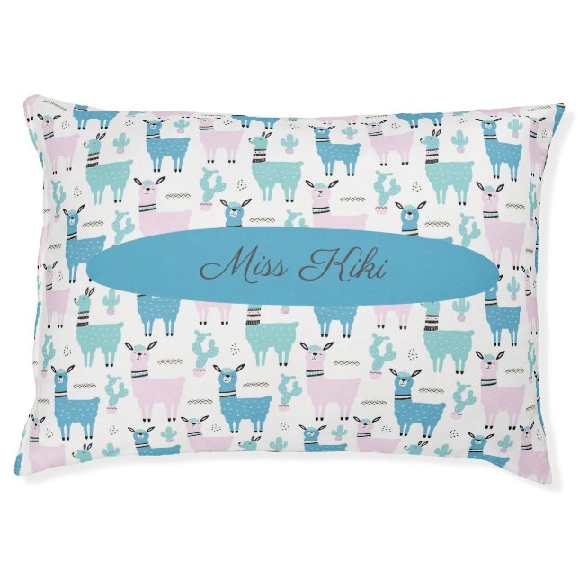 Llama Alapaca Pattern Blue Pink Cute Animals Pet Bed (Front)