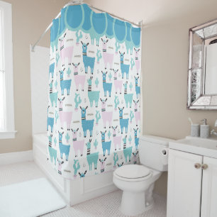 Llama Alapaca Pattern Blue Pink Cute Animals Shower Curtain