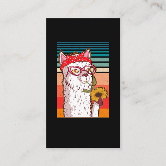 Llama Alpaca Bandana Hippie Sunflower Retro Business Card (Front)