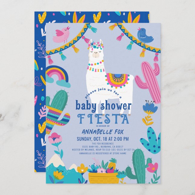 Llama Alpaca Cactus Fiesta Blue Boy Baby Shower Invitation (Front/Back)