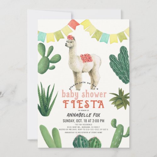 Llama Alpaca Cactus Fiesta Girl Baby Shower  Invitation