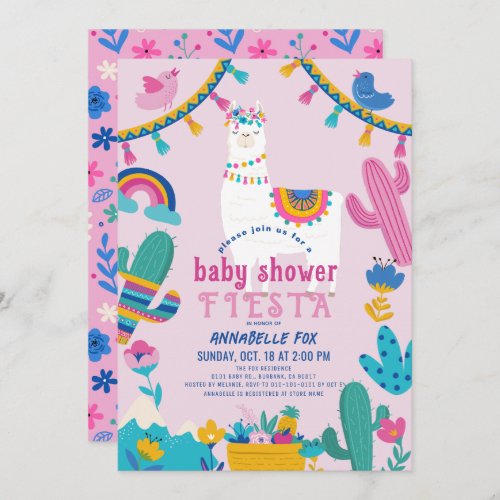 Llama Alpaca Cactus Fiesta Girl Pink Baby Shower Invitation