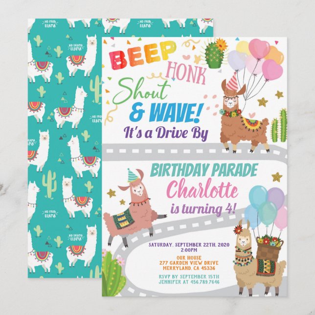 Llama Alpaca Drive Through Birthday Party Parade Invitation (Front/Back)