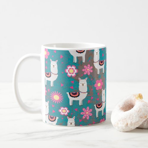 Llama Alpaca Floral and Turquoise Grunge Coffee Mug