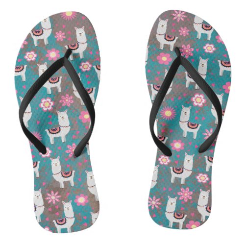 Llama Alpaca Floral and Turquoise Grunge Flip Flops