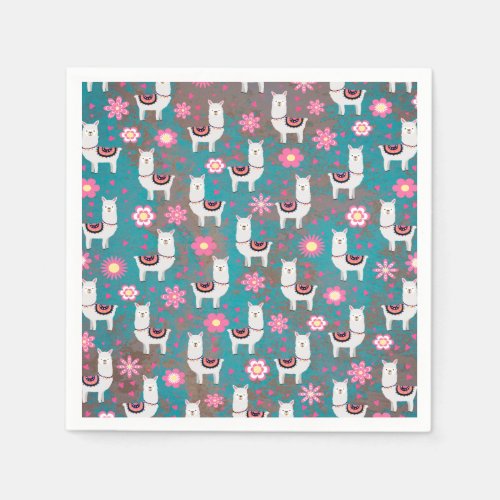 Llama Alpaca Floral and Turquoise Grunge Napkins