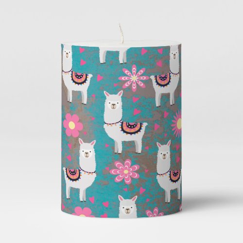 Llama Alpaca Floral and Turquoise Grunge Pillar Candle