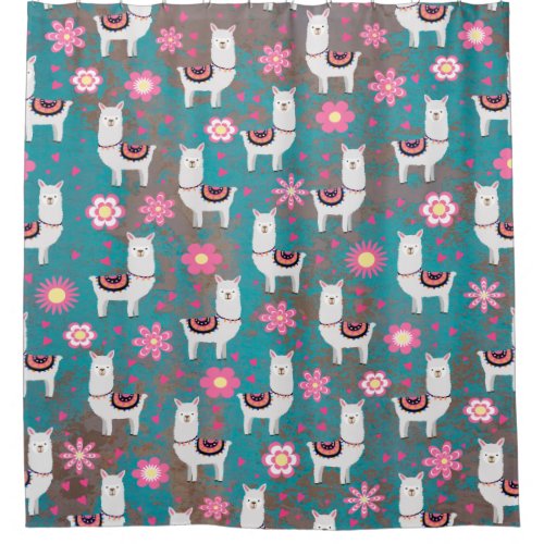 Llama Alpaca Floral and Turquoise Grunge Shower Curtain