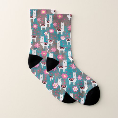 Llama Alpaca Floral and Turquoise Grunge Socks