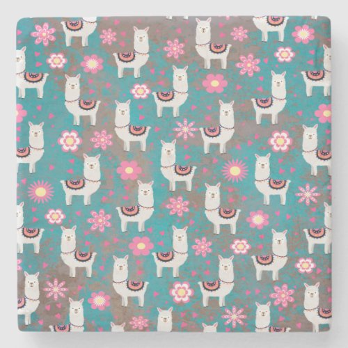 Llama Alpaca Floral and Turquoise Grunge Stone Coaster