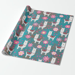 Llama (Alpaca) Floral and Turquoise Grunge Wrapping Paper