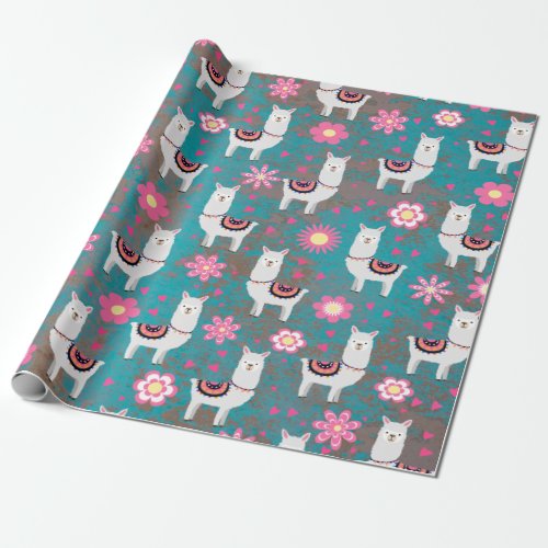 Llama (Alpaca) Floral and Turquoise Grunge Wrapping Paper