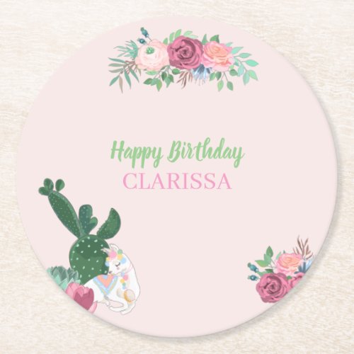LLAMA_alpaca PARTY HAPPY BIRTHDAY  NAME floral Round Paper Coaster