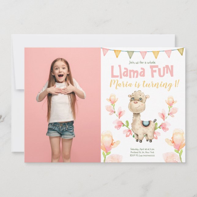 Llama Alpaca Photo Watercolor Birthday Invitation  (Front)