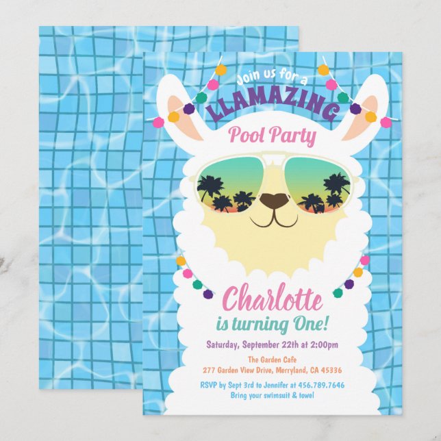 Llama Alpaca Pool Party Kids Birthday Invitation (Front/Back)