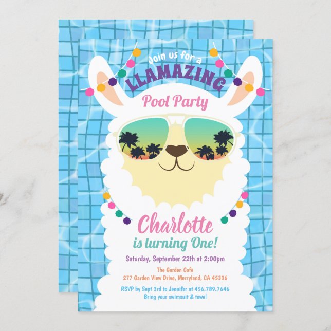 Llama Alpaca Pool Party Kids Birthday Invitation (Front/Back)