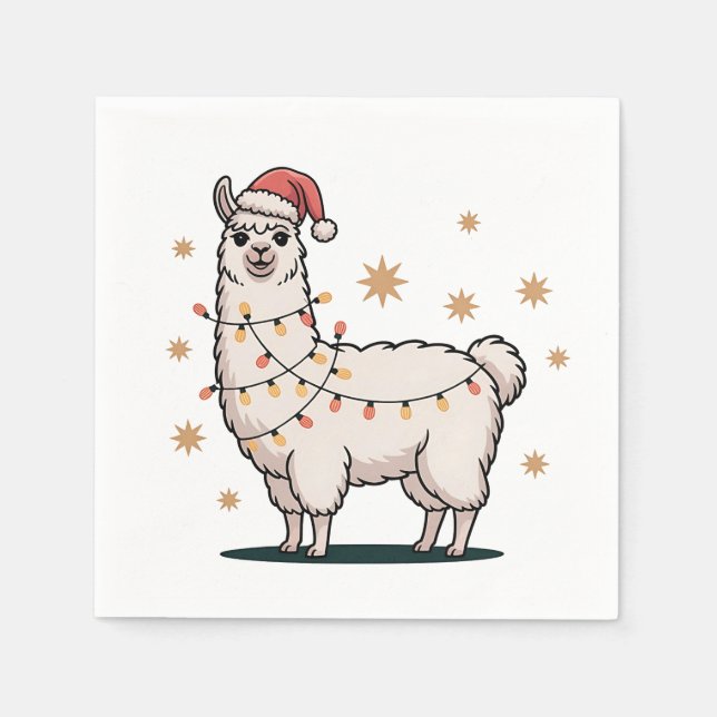 Llama Alpaca With Santa Hat And Christmas Light Napkins (Front)
