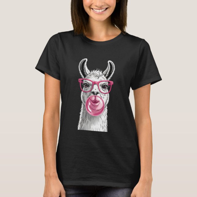 Llama Alpacas Wearing Glasses and Blowing Pink Bub T-Shirt (Front)