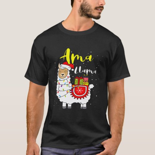 Llama Ama Lights Santa Hat Xmas Pajama Matching Fa T-Shirt