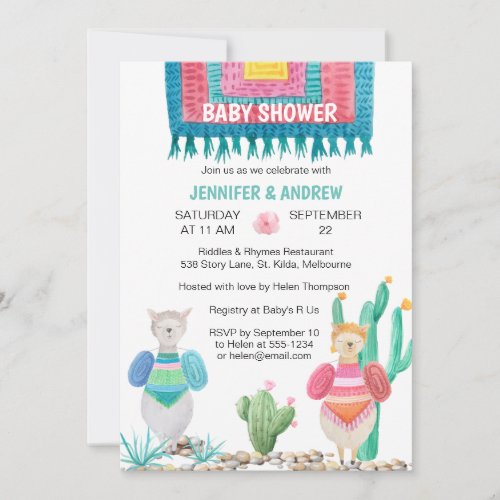 Llama and Cacti Watercolor Baby Shower Invitation