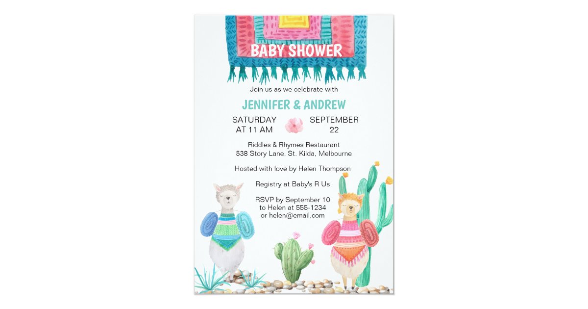 Llama And Cacti Watercolor Baby Shower Invitation Zazzle Com