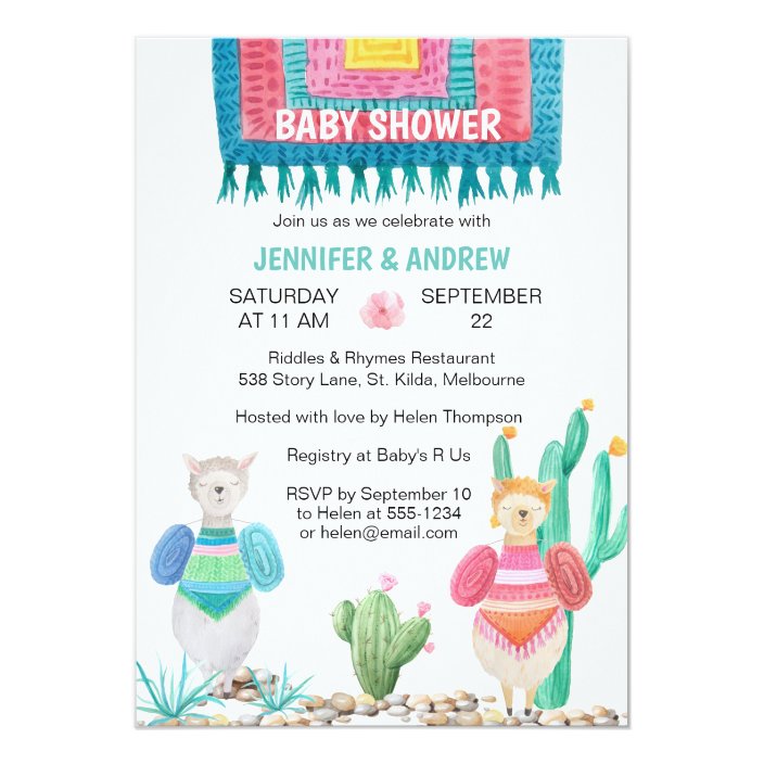 Llama And Cacti Watercolor Baby Shower Invitation Zazzle Com