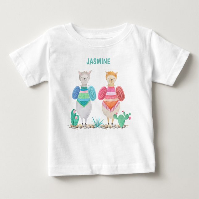 Llama and Cacti Watercolor Personalized Baby T-Shirt (Front)