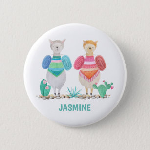 Llama and Cacti Watercolor Personalized Button