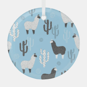 Llama and cactus, cute pattern. glass ornament