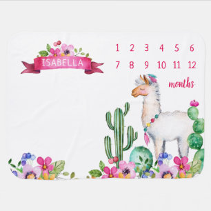 Llama and Cactus Floral Baby Name Milestone Photo Blanket