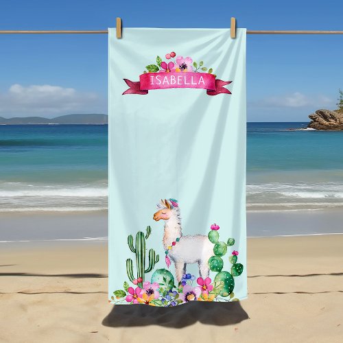 Llama and Cactus Floral Monogrammed Beach Towel