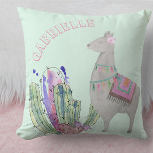 Llama and Cactus Hearts - Pastel Mint Personalized Throw Pillow