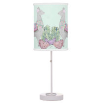 Llama and Cactus Hearts - Pastel Mint Watercolor Table Lamp