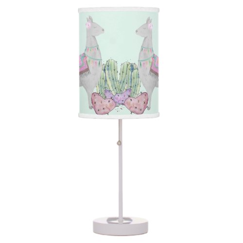 Llama and Cactus Hearts _ Pastel Mint Watercolor Table Lamp