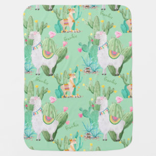Llama and Cactus Pattern - Mint Green Personalized Baby Blanket