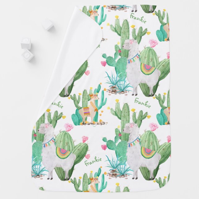 Llama and Cactus Pattern - White Personalized Baby Blanket (In Situ)