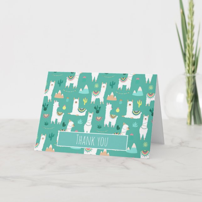 Llama and Cactus Patterned in Green Letterpress Thank You Card (Front)