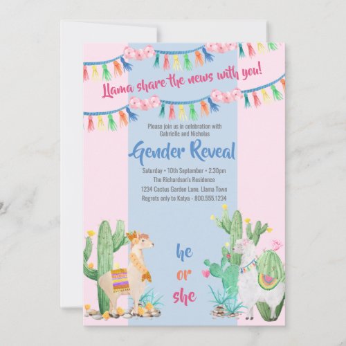 Llama and Cactus Pink and Blue Gender Reveal Invitation
