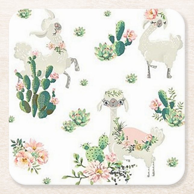 Llama and Cactus Square Paper Coasters (Front)
