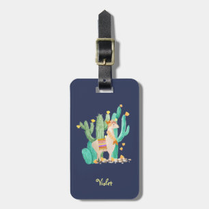 Llama and Cactus Watercolor Blue Personalized Luggage Tag