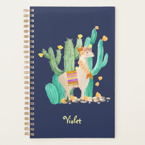 Llama and Cactus Watercolor Blue Personalized Planner