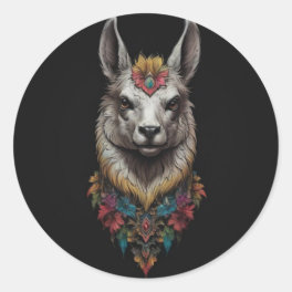 Llama And Flower Portrait, Classic Round Sticker