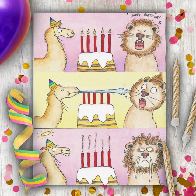 LLAMA AND LION Happy Birthday Comic postcard (Creator Uploaded)