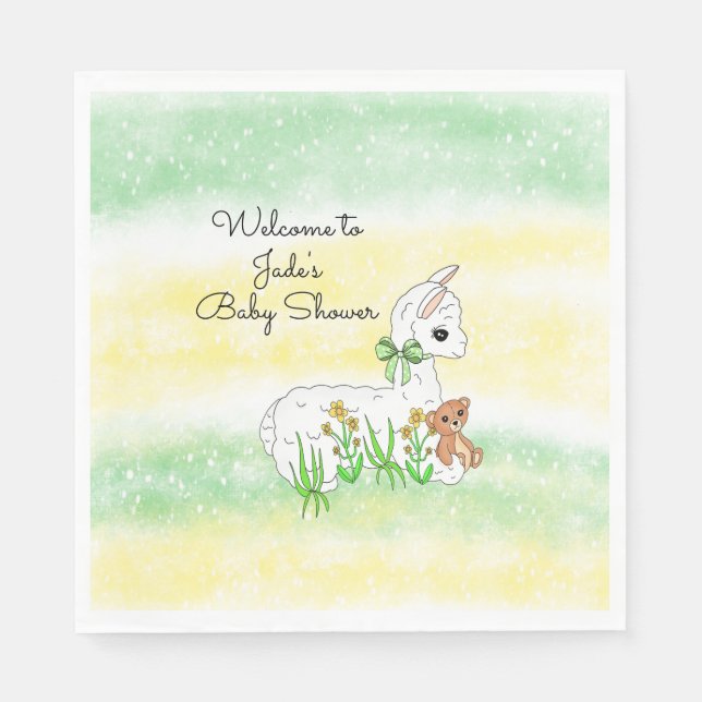 Llama and Teddy Bear Themed Baby Shower Napkins (Front)