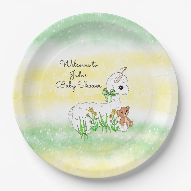 Llama and Teddy Bear Themed Baby Shower Paper Plates (Front)