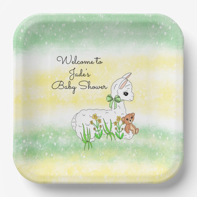Llama and Teddy Bear Themed Baby Shower Paper Plates (Front)