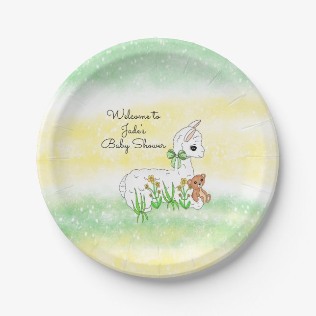 Llama and Teddy Bear Themed Baby Shower Paper Plates (Front)