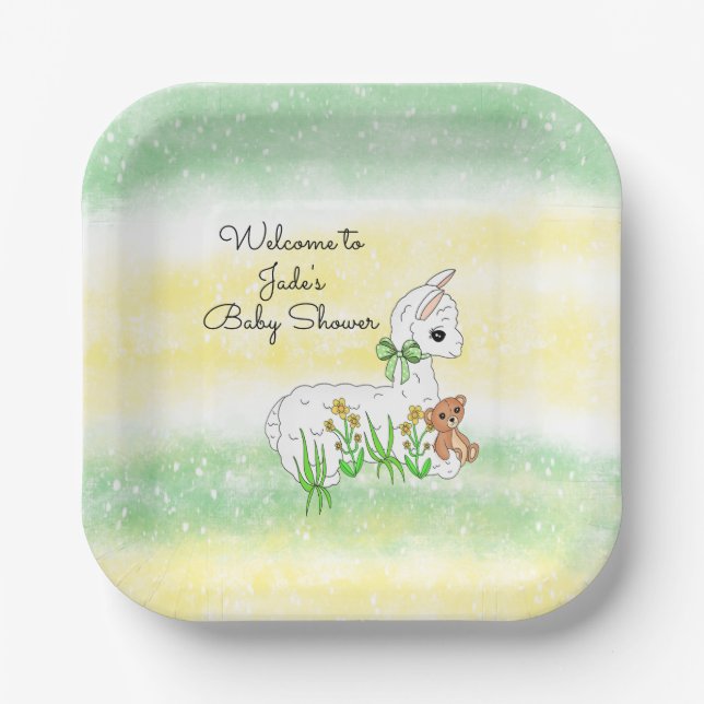Llama and Teddy Bear Themed Baby Shower Paper Plates (Front)